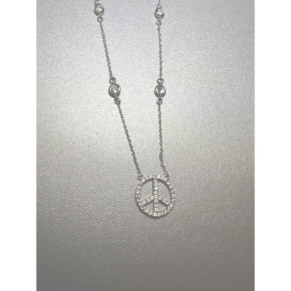 Peace Sign Sterling Silver necklace with cubic zirconia stations 16-18 In - Picture 3 of 3